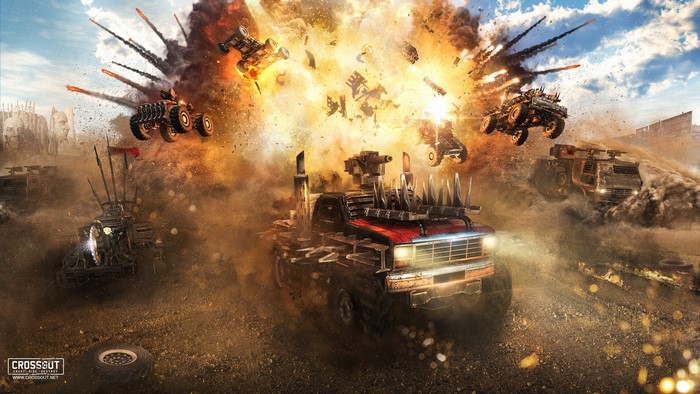 Crossout video game combat with modified vehicles