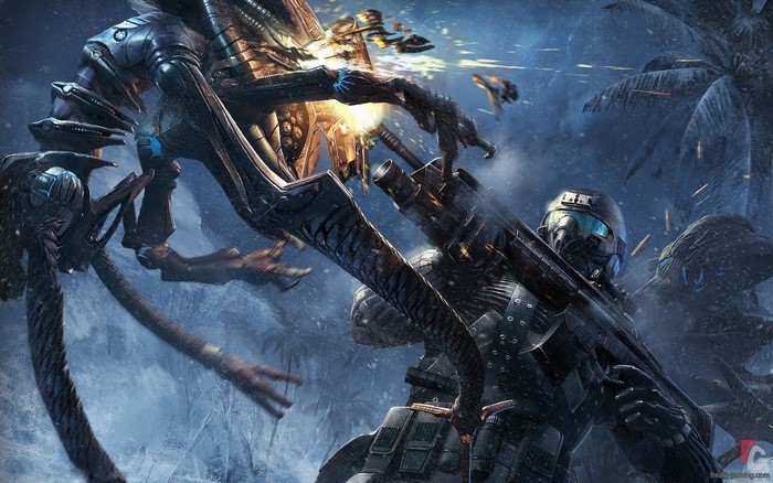 Soldier fighting alien creatures in Crysis 3