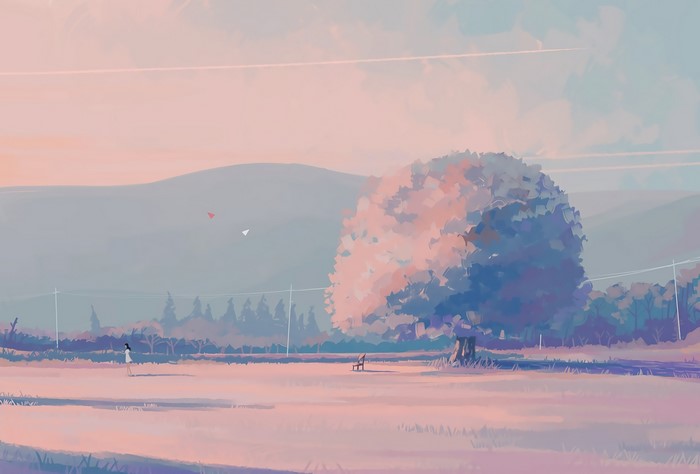 Anime landscape with a girl and a large tree