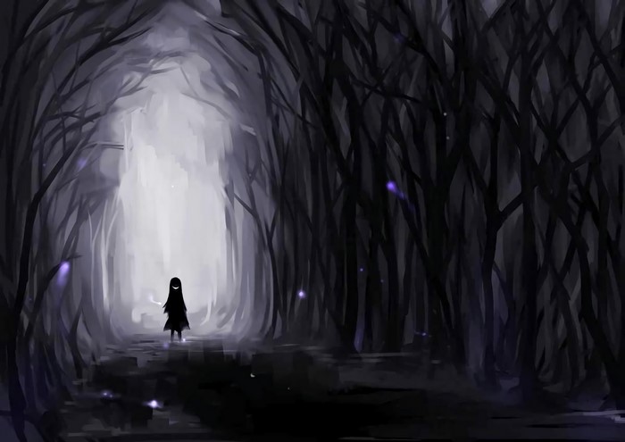 Creepy figure in a dark, misty forest