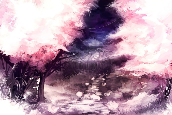 Watercolor painting of a forest path with pink trees