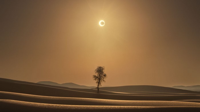 Solar eclipse over a desert landscape with a lone tree
