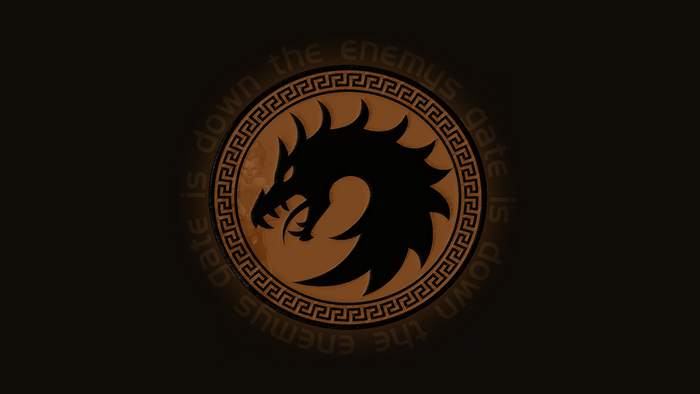 Dragon emblem with Greek key border and text
