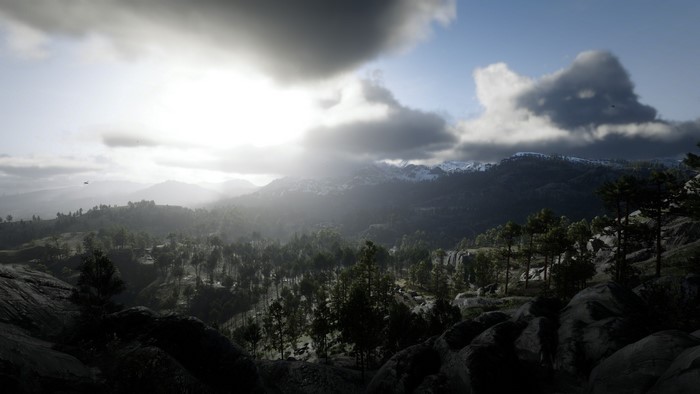 Red Dead Redemption 2 mountain pass with forest and clouds