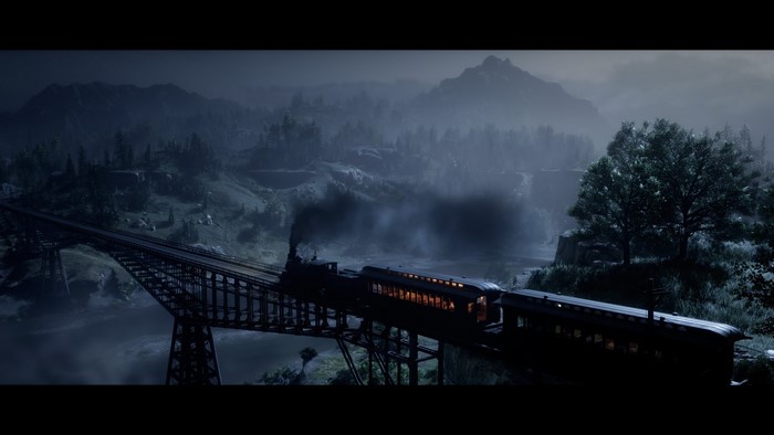 Train crossing a bridge in Red Dead Redemption 2