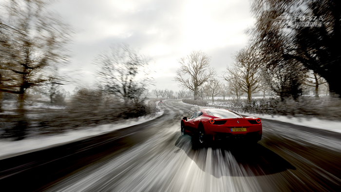 Red Ferrari 458 Drifting on a Snowy Road in Forza Horizon 4