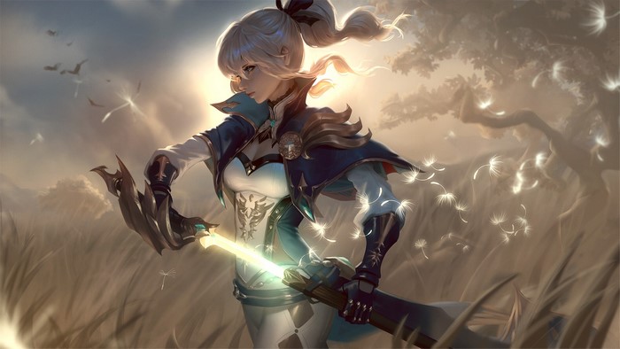 Jean from Genshin Impact with a sword in a field
