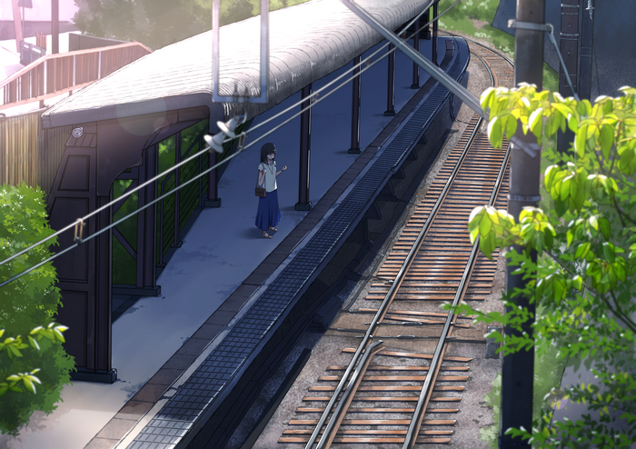 Anime girl waiting at a train station platform