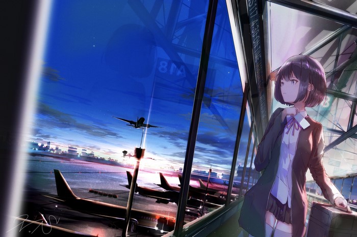 Anime girl at airport looking at planes at sunset