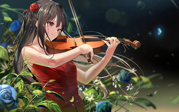 Anime girl with dark hair playing violin