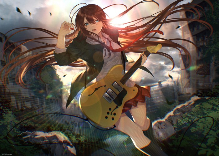 Anime girl playing a guitar in a ruined city