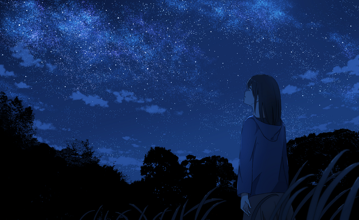 Anime girl looking at the starry night sky