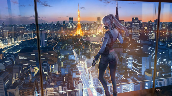Anime girl with mask overlooking Tokyo at dusk
