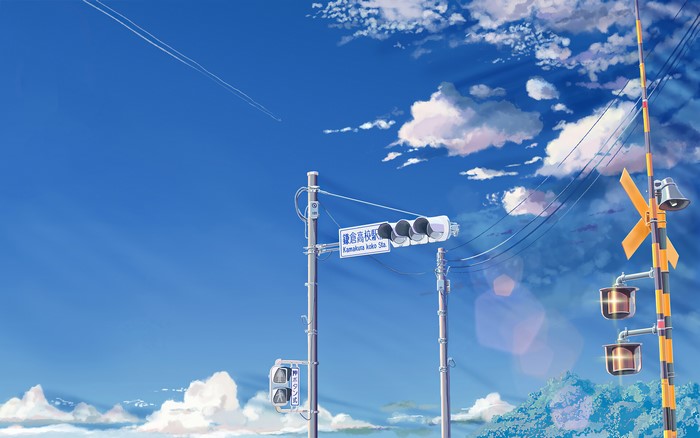 Anime artwork of a street scene with traffic lights
