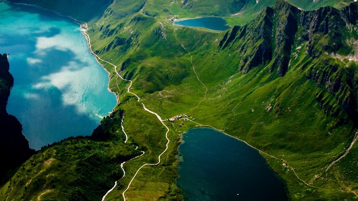 Aerial view of lakes and mountains in the Alps