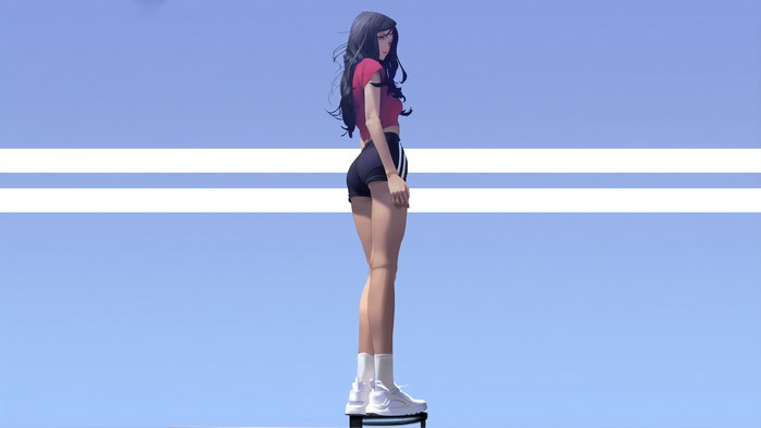 Anime girl with black hair wearing a pink top and black shorts