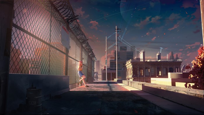 Anime girl on a rooftop at sunset