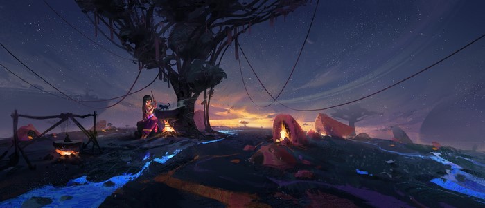 Fantasy art of a girl and cat by a campfire under a starry sky
