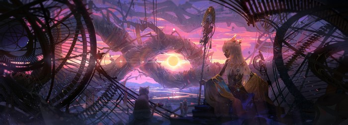 Girl and cat watch sunset in futuristic city