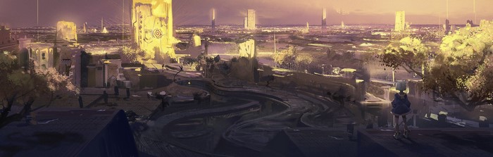 Futuristic cityscape with tall buildings and a winding road
