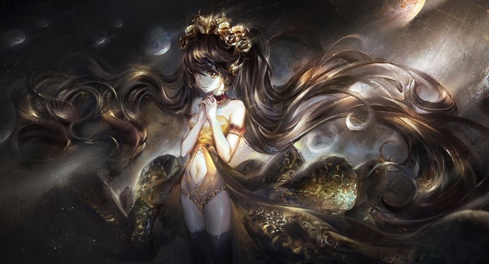 Hatsune Miku in a golden leotard with flowing hair