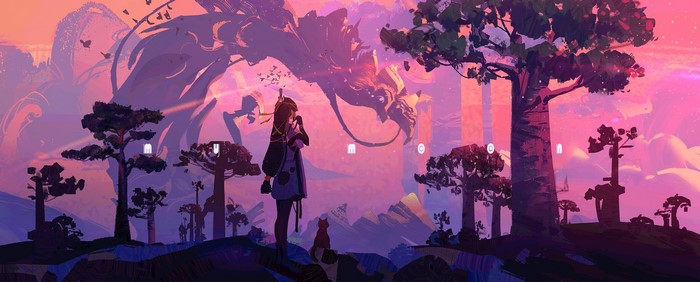 Anime girl and dragon in a fantasy landscape