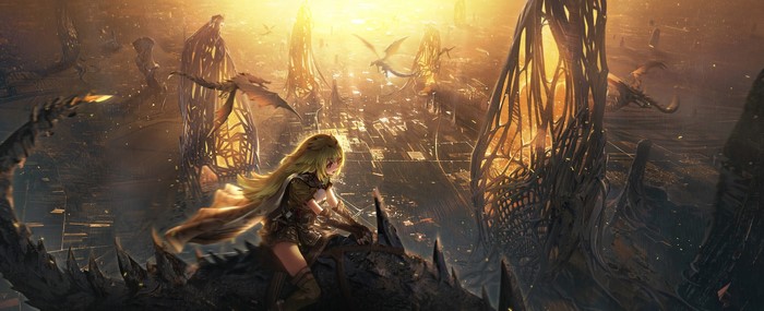 Girl and dragons in a futuristic city