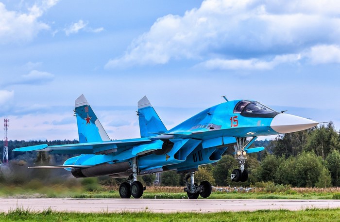 Sukhoi Su-34 fighter jet taking off