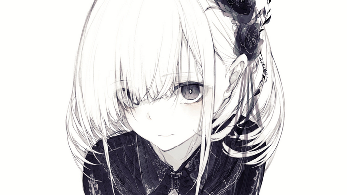 Anime girl with white hair and black roses