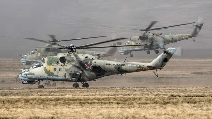 Russian Mi-24 helicopters in formation
