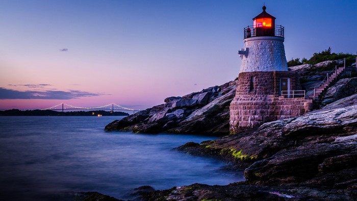 Castle Hill Lighthouse and Newport Bridge at Dusk