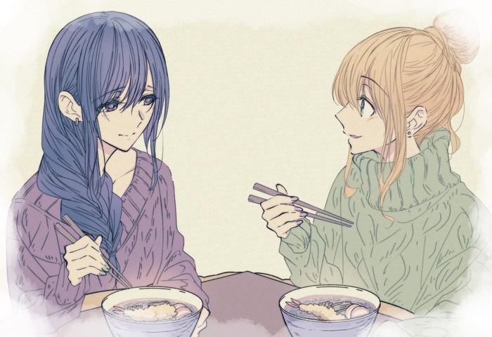 Two anime girls eating noodles with chopsticks