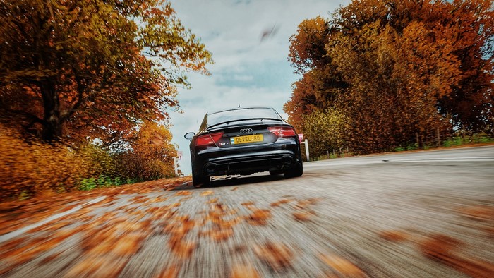 Audi RS7 driving on a road in fall