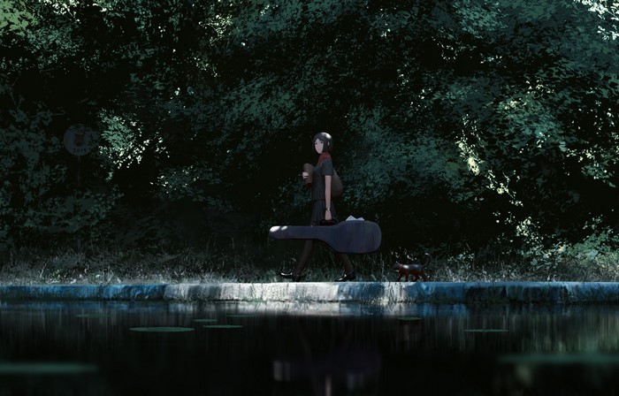 Girl with guitar case and cat by river