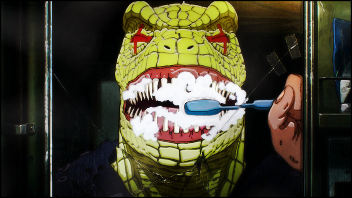 Caiman from Dorohedoro brushing teeth with foam