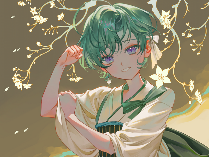 Anime girl with aqua hair and purple eyes in kimono