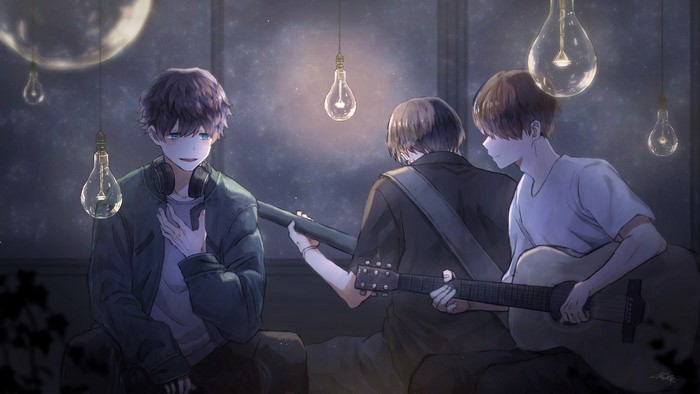 Anime boys with headphones and guitars
