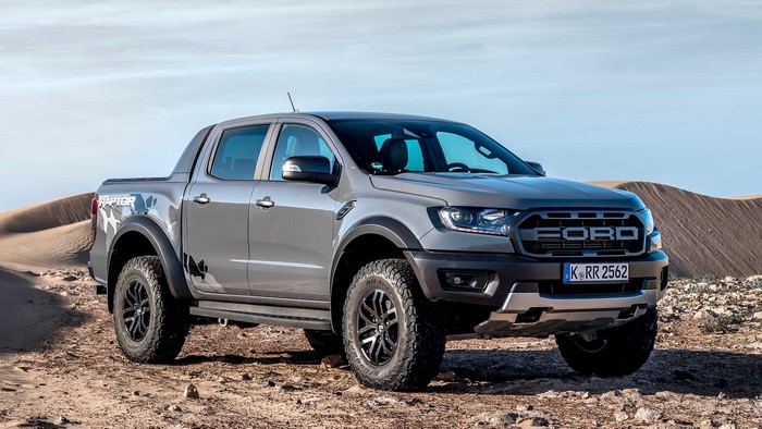Ford Ranger Raptor truck in a desert landscape