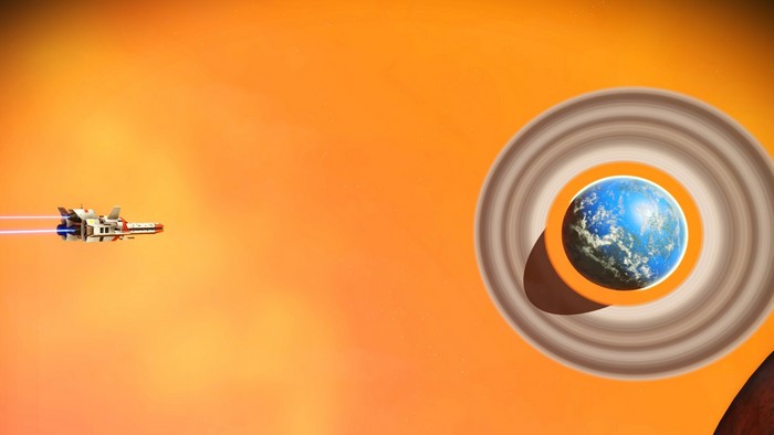 Spaceship near a ringed planet in No Man's Sky