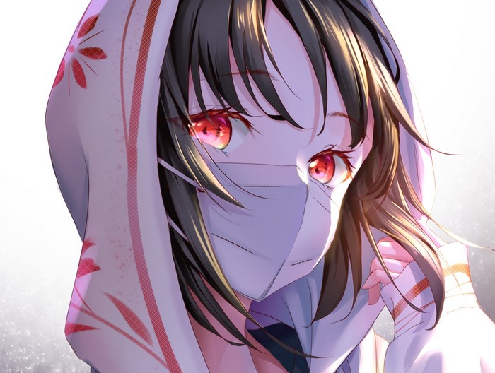 Anime girl with red eyes wearing a mask and hoodie