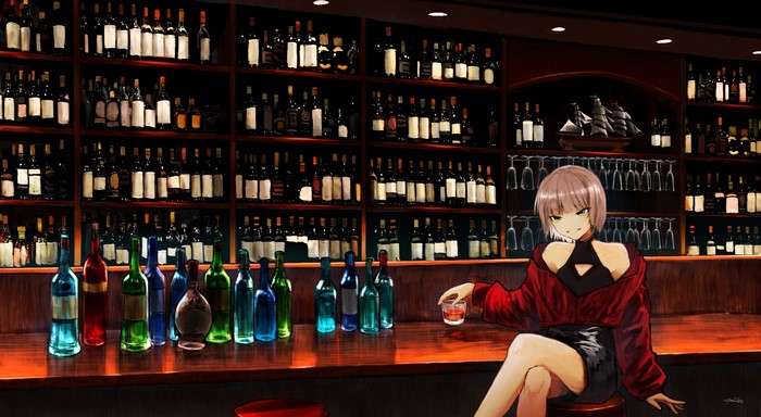 Anime girl at a bar with wine bottles