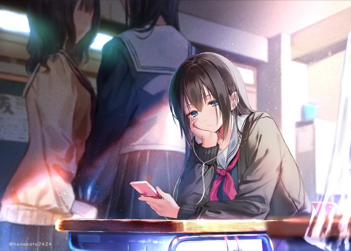 Anime girl with headphones in classroom holding smartphone