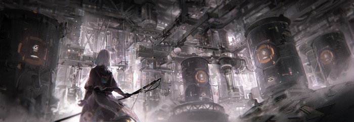 Anime girl in a futuristic industrial complex