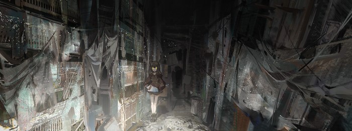 Girl in a ruined city alleyway