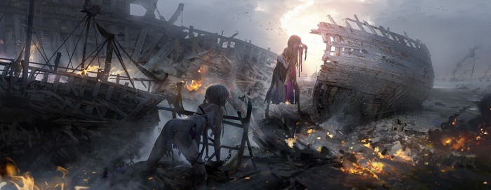 Two figures amidst shipwrecks and fire
