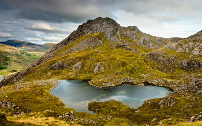 Mountain landscape with a lake and dramatic clouds