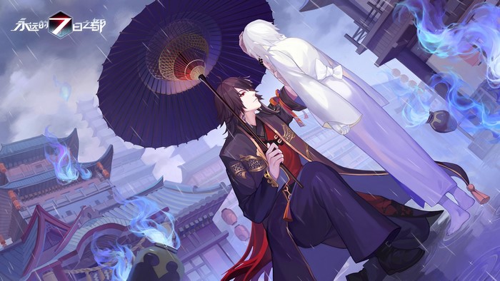 Anime characters under an umbrella in the rain