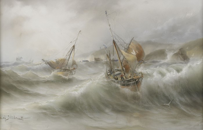 Fishing boats in a stormy sea by Herman Gustav Sillen