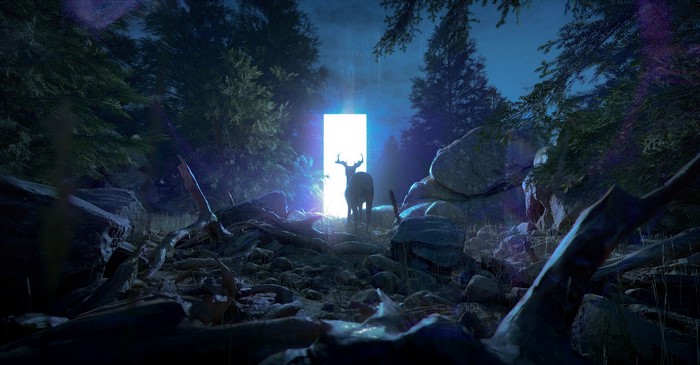 Deer approaches glowing portal in forest at night