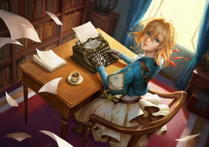 Violet Evergarden writing at a desk with a typewriter